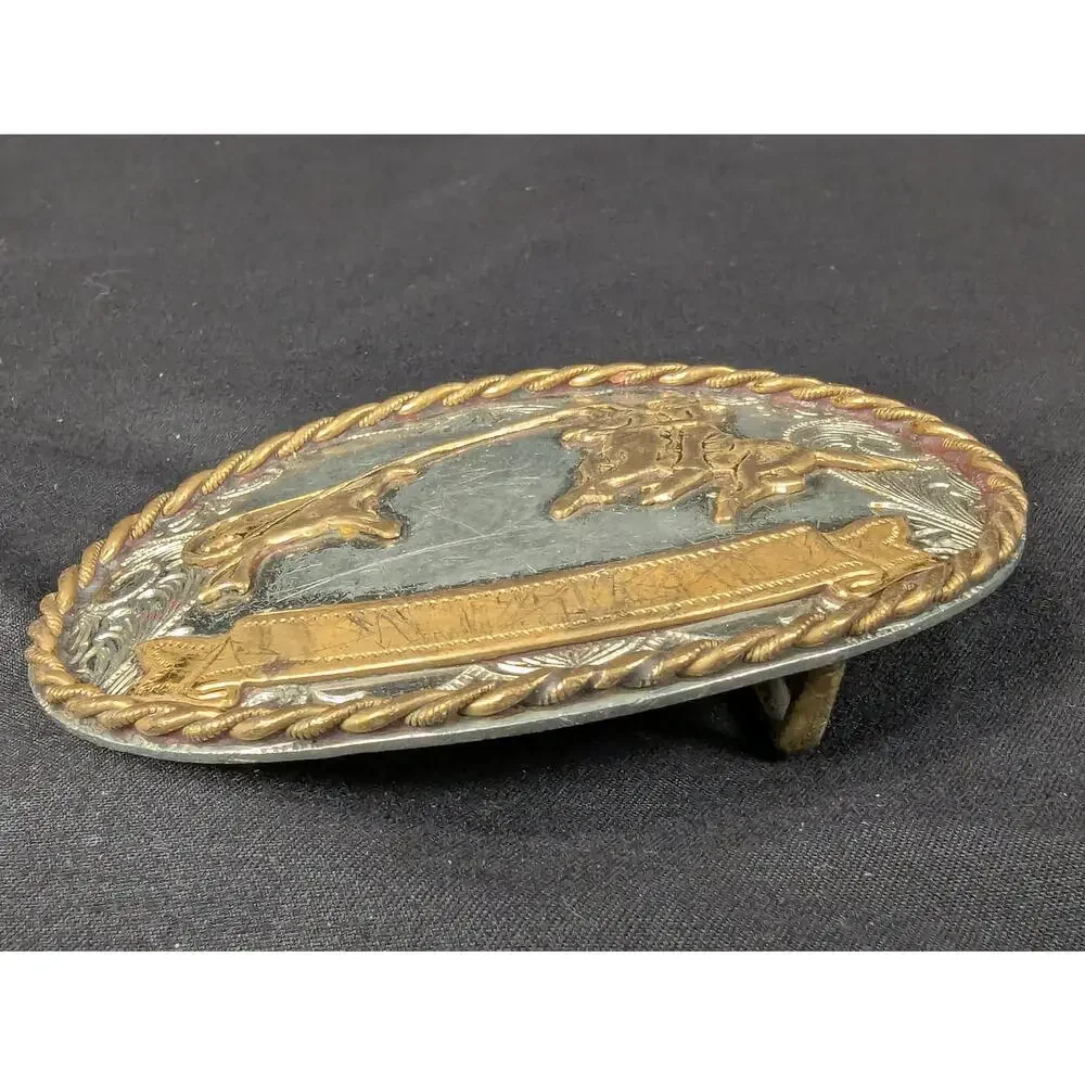 Vintage Western Belt Buckle Roping Cowboy Motif Nickel Silver Gold Tone 3.5 Inch